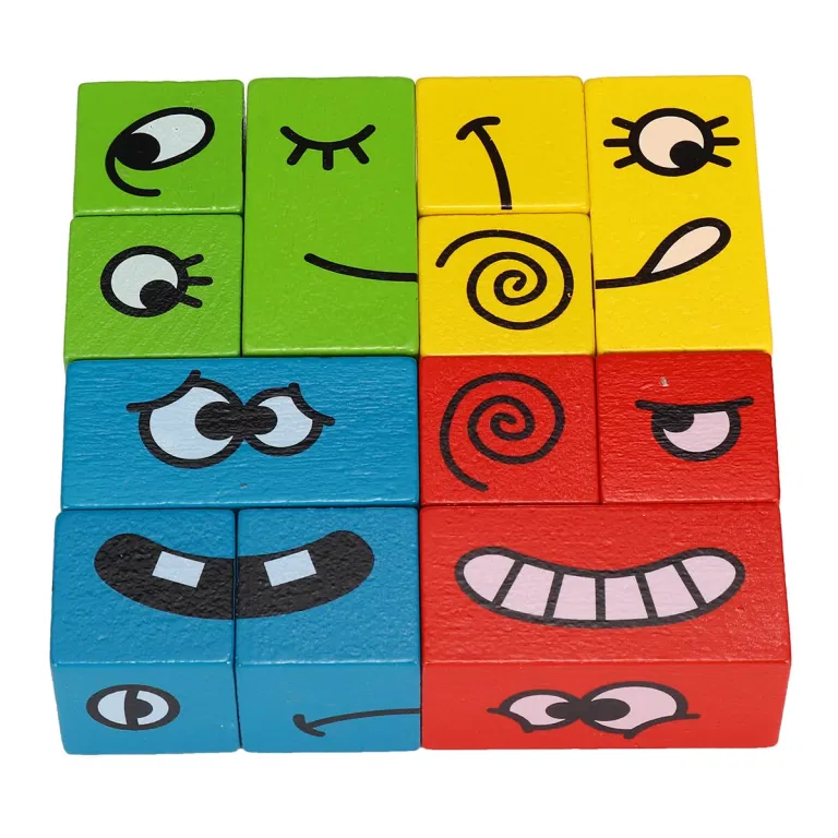 Puzzle Montessori din Lemn cu Emoții și Expresii Faciale, 12 Cuburi și 50 Carduri Provocare, 3+ ani [18]