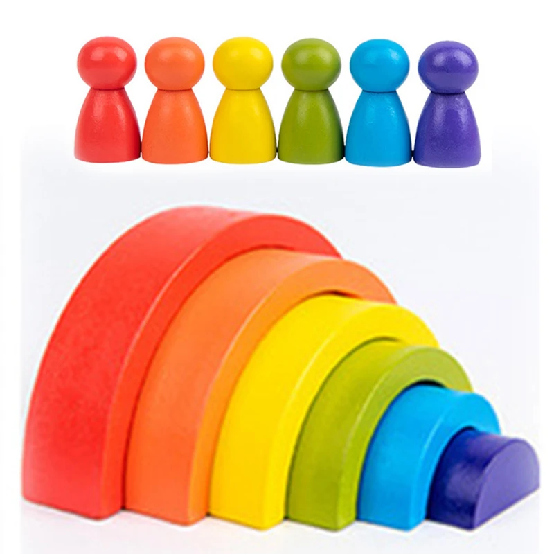 Toate produsele - Jucărie Montessori Curcubeu din Lemn cu 6 Semicercuri și 6 Pioni Rainbow, Joc de Construcție și Stivuire, 3+ ani
