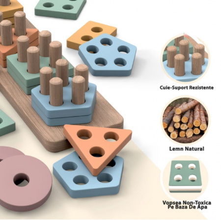 Sortator forme geometrice cu 5 coloane, de tip Montessori, Nordic Geometric Stacker, 20 piese lemn [2]