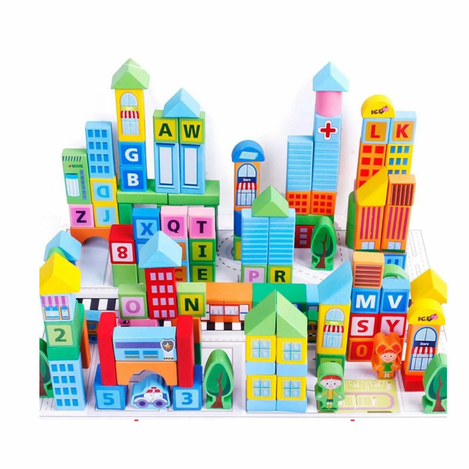 Set 100 Cuburi de Construcție din Lemn Beilaluna Urban Traffic cu Clădiri, Vehicule și Personaje, 3+ ani [7]
