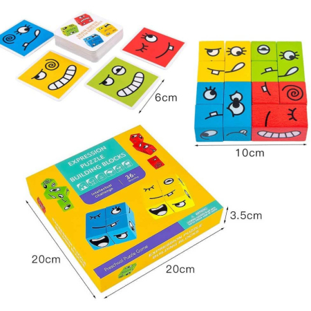 Puzzle Montessori din Lemn cu Emoții și Expresii Faciale, 12 Cuburi și 50 Carduri Provocare, 3+ ani [14]