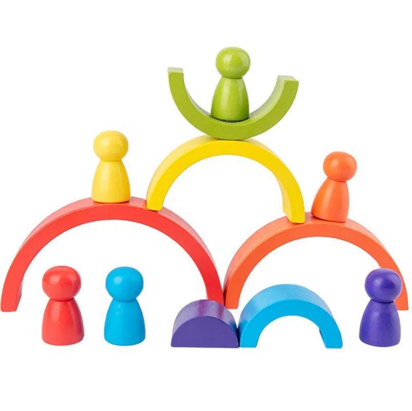 Jucărie Montessori Curcubeu din Lemn cu 6 Semicercuri și 6 Pioni Rainbow, Joc de Construcție și Stivuire, 3+ ani [9]