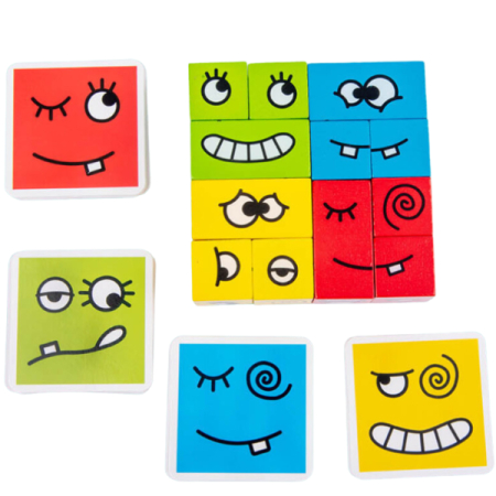 Puzzle Montessori din Lemn cu Emoții și Expresii Faciale, 12 Cuburi și 50 Carduri Provocare, 3+ ani [10]