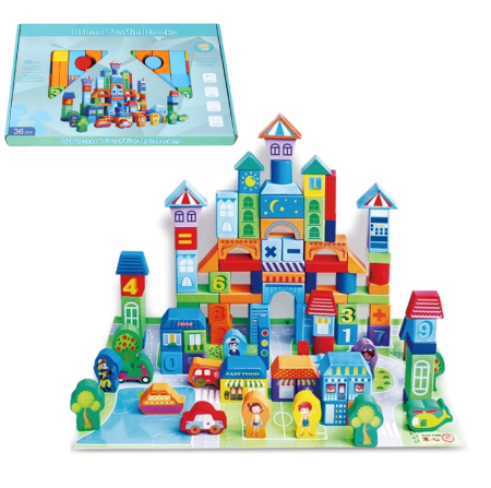 Toate produsele - Set 100 Cuburi de Construcție din Lemn Beilaluna Urban Traffic cu Clădiri, Vehicule și Personaje, 3+ ani