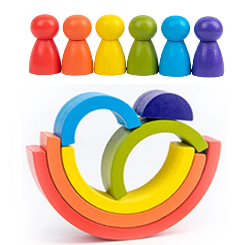 Jucărie Montessori Curcubeu din Lemn cu 6 Semicercuri și 6 Pioni Rainbow, Joc de Construcție și Stivuire, 3+ ani [14]