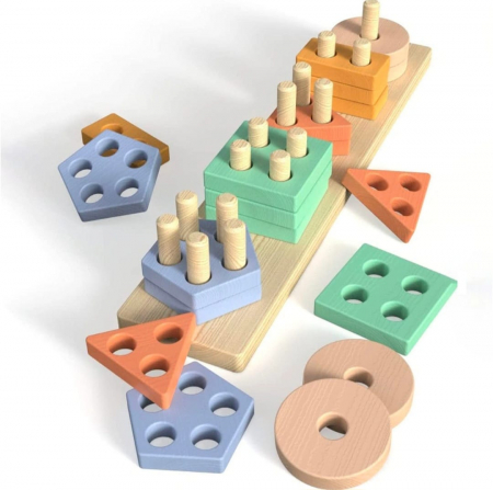 Jocuri educative din lemn - Sortator forme geometrice cu 5 coloane, de tip Montessori, Nordic Geometric Stacker, 20 piese lemn