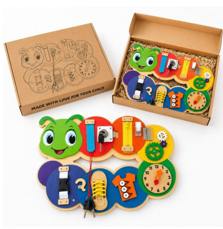 Placă Montessori Busy Board Omidă din Lemn cu 7 Activități – Încuietori, Fermoar, Șiret și Ceas, 3+ ani [2]