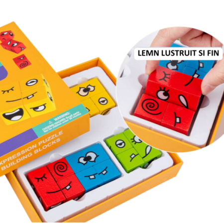 Puzzle Montessori din Lemn cu Emoții și Expresii Faciale, 12 Cuburi și 50 Carduri Provocare, 3+ ani [9]