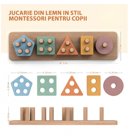 Sortator forme geometrice cu 5 coloane, de tip Montessori, Nordic Geometric Stacker, 20 piese lemn [5]