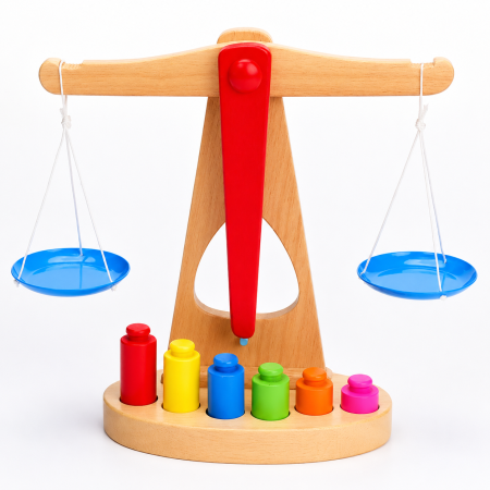 Jocuri Interactive - Balanță Montessori din Lemn cu Greutăți Colorate pentru Copii