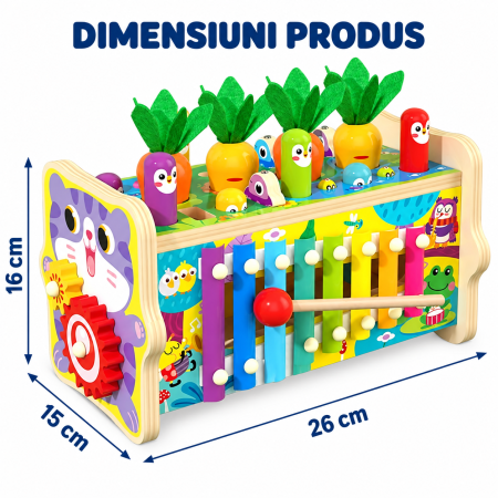 Jucărie Montessori Multifuncțională din Lemn cu Pescuit Magnetic, Ciocănel, Xilofon și Joc cu Morcovi [3]
