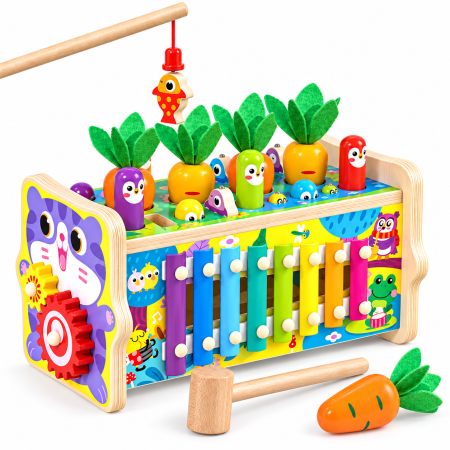 Instrumente muzicale - Jucărie Montessori Multifuncțională din Lemn cu Pescuit Magnetic, Ciocănel, Xilofon și Joc cu Morcovi
