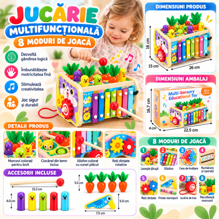 Jucărie Montessori Multifuncțională din Lemn cu Pescuit Magnetic, Ciocănel, Xilofon și Joc cu Morcovi [2]