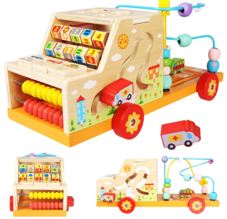 Camion educativ multifuncțional din lemn cu abac, labirint, sortator de forme și jocuri matematice [2]