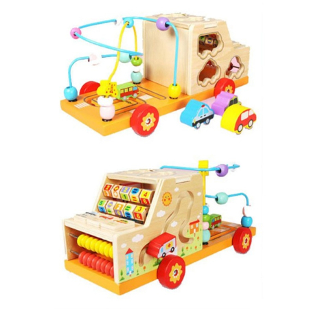 Camion educativ multifuncțional din lemn cu abac, labirint, sortator de forme și jocuri matematice [16]