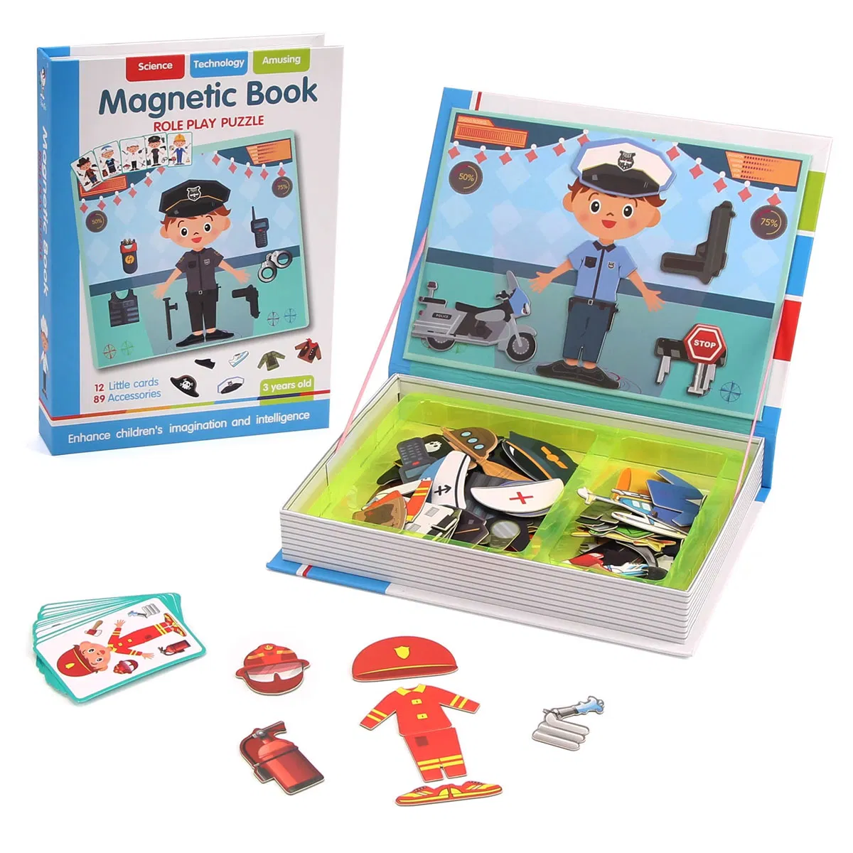 Jocuri de Rol - Carte Magnetică Puzzle Meserii Polițist cu 89 Accesorii pentru Copii