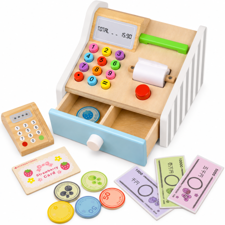 Jocuri Interactive - Casă de Marcat din Lemn pentru Copii cu Bani, Card, Terminal de Plată și Rolă de Hârtie, Joc de Rol Magazin, 3+ Ani