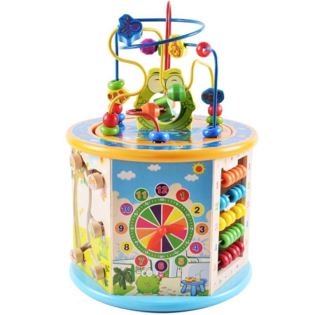Centru Activitati Montessori 8 in 1 din Lemn, Cub Educativ Multifunctional Broscuta, Abac, Sortator Forme, Labirint, Ceas, Dezvoltare Motricitate si Logica, 3+ ani [8]