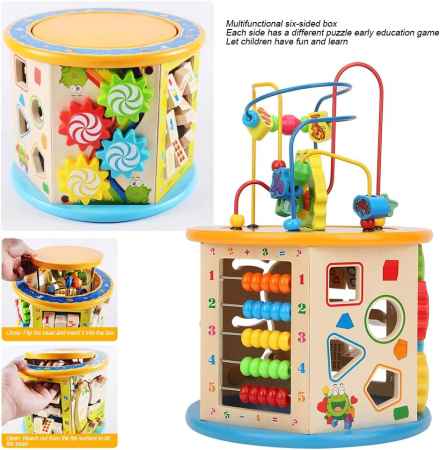 Centru Activitati Montessori 8 in 1 din Lemn, Cub Educativ Multifunctional Broscuta, Abac, Sortator Forme, Labirint, Ceas, Dezvoltare Motricitate si Logica, 3+ ani [26]