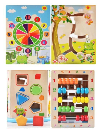 Centru Activitati Montessori 8 in 1 din Lemn, Cub Educativ Multifunctional Broscuta, Abac, Sortator Forme, Labirint, Ceas, Dezvoltare Motricitate si Logica, 3+ ani [5]