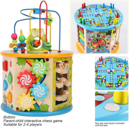 Centru Activitati Montessori 8 in 1 din Lemn, Cub Educativ Multifunctional Broscuta, Abac, Sortator Forme, Labirint, Ceas, Dezvoltare Motricitate si Logica, 3+ ani [25]