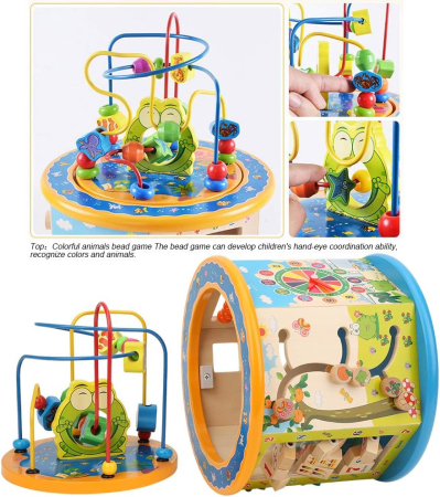Centru Activitati Montessori 8 in 1 din Lemn, Cub Educativ Multifunctional Broscuta, Abac, Sortator Forme, Labirint, Ceas, Dezvoltare Motricitate si Logica, 3+ ani [24]
