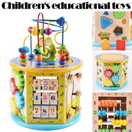 Centru Activitati Montessori 8 in 1 din Lemn, Cub Educativ Multifunctional Broscuta, Abac, Sortator Forme, Labirint, Ceas, Dezvoltare Motricitate si Logica, 3+ ani [22]