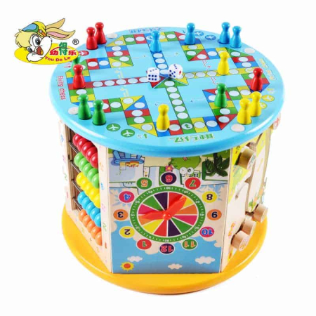 Jocuri educative din lemn - Centru Activitati Montessori 8 in 1 din Lemn, Cub Educativ Multifunctional Broscuta, Abac, Sortator Forme, Labirint, Ceas, Dezvoltare Motricitate si Logica, 3+ ani