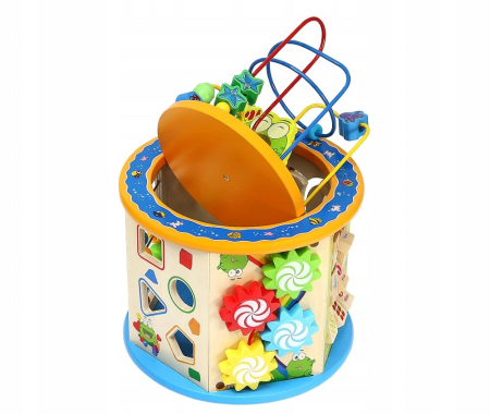 Centru Activitati Montessori 8 in 1 din Lemn, Cub Educativ Multifunctional Broscuta, Abac, Sortator Forme, Labirint, Ceas, Dezvoltare Motricitate si Logica, 3+ ani [16]