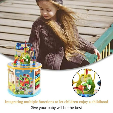 Centru Activitati Montessori 8 in 1 din Lemn, Cub Educativ Multifunctional Broscuta, Abac, Sortator Forme, Labirint, Ceas, Dezvoltare Motricitate si Logica, 3+ ani [23]