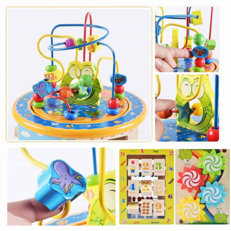Centru Activitati Montessori 8 in 1 din Lemn, Cub Educativ Multifunctional Broscuta, Abac, Sortator Forme, Labirint, Ceas, Dezvoltare Motricitate si Logica, 3+ ani [4]