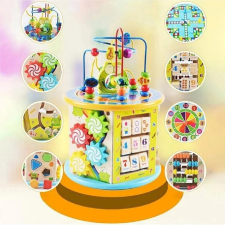 Centru Activitati Montessori 8 in 1 din Lemn, Cub Educativ Multifunctional Broscuta, Abac, Sortator Forme, Labirint, Ceas, Dezvoltare Motricitate si Logica, 3+ ani [21]