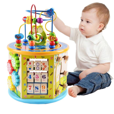 Centru Activitati Montessori 8 in 1 din Lemn, Cub Educativ Multifunctional Broscuta, Abac, Sortator Forme, Labirint, Ceas, Dezvoltare Motricitate si Logica, 3+ ani [19]