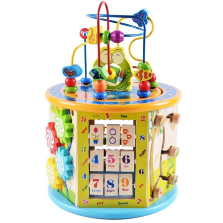 Centru Activitati Montessori 8 in 1 din Lemn, Cub Educativ Multifunctional Broscuta, Abac, Sortator Forme, Labirint, Ceas, Dezvoltare Motricitate si Logica, 3+ ani [9]
