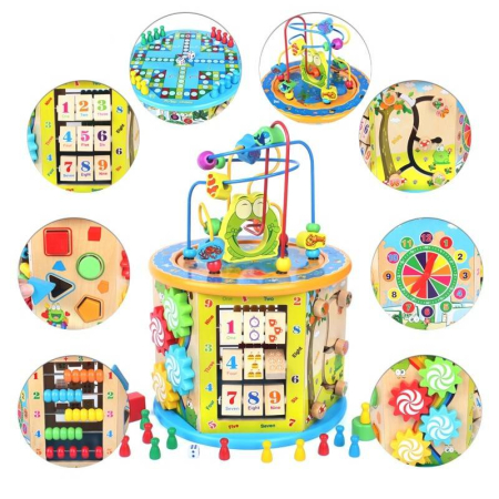 Centru Activitati Montessori 8 in 1 din Lemn, Cub Educativ Multifunctional Broscuta, Abac, Sortator Forme, Labirint, Ceas, Dezvoltare Motricitate si Logica, 3+ ani [6]