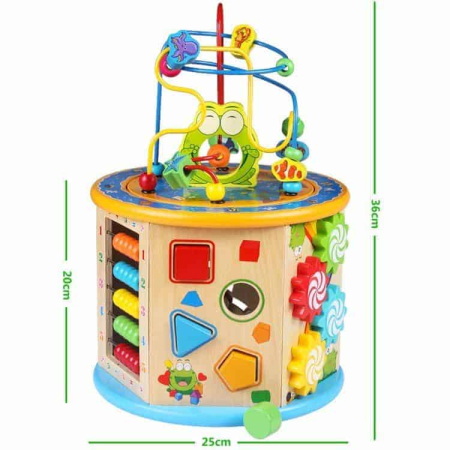 Centru Activitati Montessori 8 in 1 din Lemn, Cub Educativ Multifunctional Broscuta, Abac, Sortator Forme, Labirint, Ceas, Dezvoltare Motricitate si Logica, 3+ ani [2]