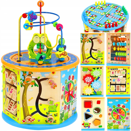 Centru Activitati Montessori 8 in 1 din Lemn, Cub Educativ Multifunctional Broscuta, Abac, Sortator Forme, Labirint, Ceas, Dezvoltare Motricitate si Logica, 3+ ani [12]