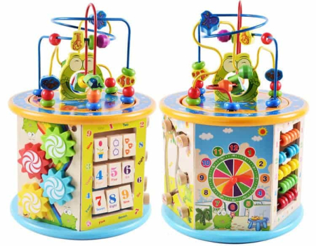 Centru Activitati Montessori 8 in 1 din Lemn, Cub Educativ Multifunctional Broscuta, Abac, Sortator Forme, Labirint, Ceas, Dezvoltare Motricitate si Logica, 3+ ani [1]