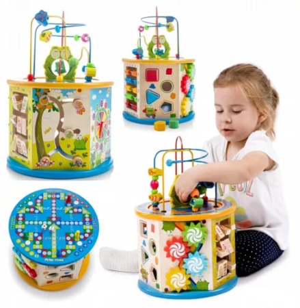 Centru Activitati Montessori 8 in 1 din Lemn, Cub Educativ Multifunctional Broscuta, Abac, Sortator Forme, Labirint, Ceas, Dezvoltare Motricitate si Logica, 3+ ani [11]