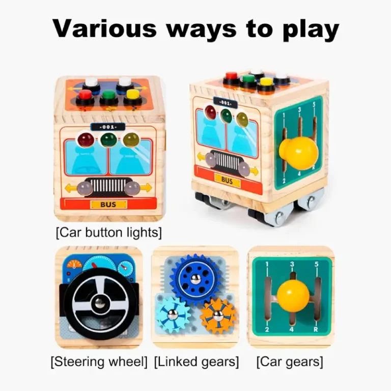 Cub Montessori Busy Cube din Lemn cu Activități, Butoane și Roți Dințate, Joc Senzorial și Motricitate Fină, 3+ Ani [6]