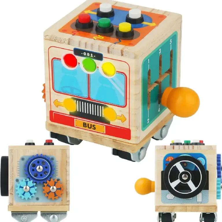 Cub Montessori Busy Cube din Lemn cu Activități, Butoane și Roți Dințate, Joc Senzorial și Motricitate Fină, 3+ Ani [9]