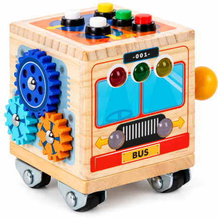 Busyboard - Cub Montessori Busy Cube din Lemn cu Activități, Butoane și Roți Dințate, Joc Senzorial și Motricitate Fină, 3+ Ani