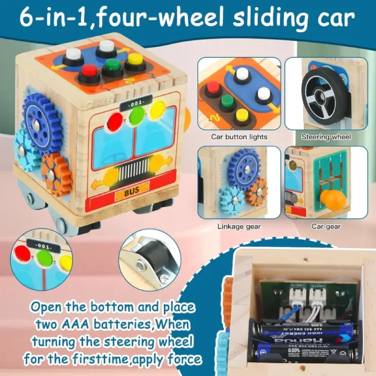 Cub Montessori Busy Cube din Lemn cu Activități, Butoane și Roți Dințate, Joc Senzorial și Motricitate Fină, 3+ Ani [4]