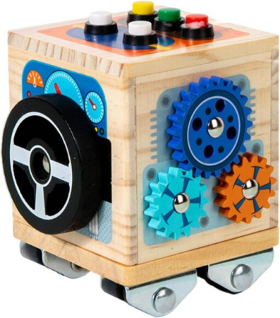 Cub Montessori Busy Cube din Lemn cu Activități, Butoane și Roți Dințate, Joc Senzorial și Motricitate Fină, 3+ Ani [1]