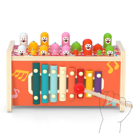 Centru de Activități din Lemn cu Pescuit Magnetic, Xilofon și Joc cu Ciocănel, Jucărie Montessori Multifuncțională pentru Motricitate Fină, 3+ Ani [5]
