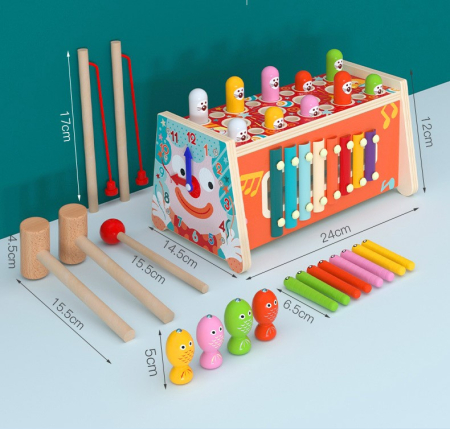 Centru de Activități din Lemn cu Pescuit Magnetic, Xilofon și Joc cu Ciocănel, Jucărie Montessori Multifuncțională pentru Motricitate Fină, 3+ Ani [7]
