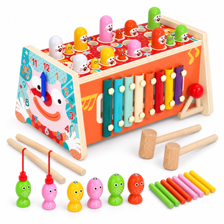 Instrumente muzicale - Centru de Activități din Lemn cu Pescuit Magnetic, Xilofon și Joc cu Ciocănel, Jucărie Montessori Multifuncțională pentru Motricitate Fină, 3+ Ani