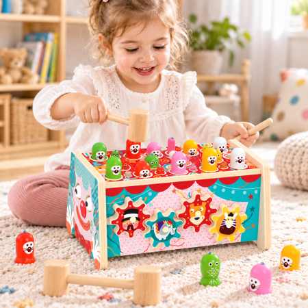 Centru de Activități din Lemn cu Pescuit Magnetic, Xilofon și Joc cu Ciocănel, Jucărie Montessori Multifuncțională pentru Motricitate Fină, 3+ Ani [1]