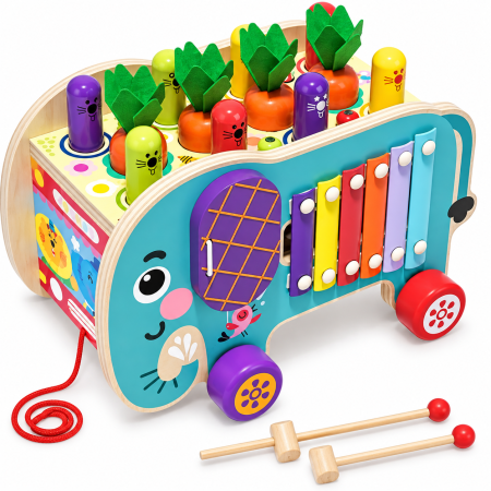 Instrumente muzicale - Jucărie Montessori Multifuncțională din Lemn cu Pescuit Magnetic, Ciocănel și Xilofon, Centru de Activități pentru Copii