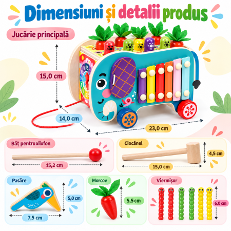 Jucărie Montessori Multifuncțională din Lemn cu Pescuit Magnetic, Ciocănel și Xilofon, Centru de Activități pentru Copii [2]